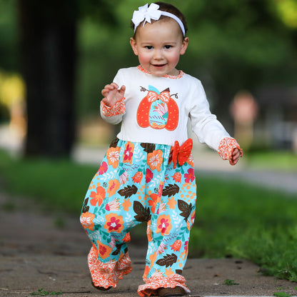Black Simba AnnLoren baby toddler girls Thanksgiving pumpkin romper in orange with autumn-themed design, suitable for fall festivities.