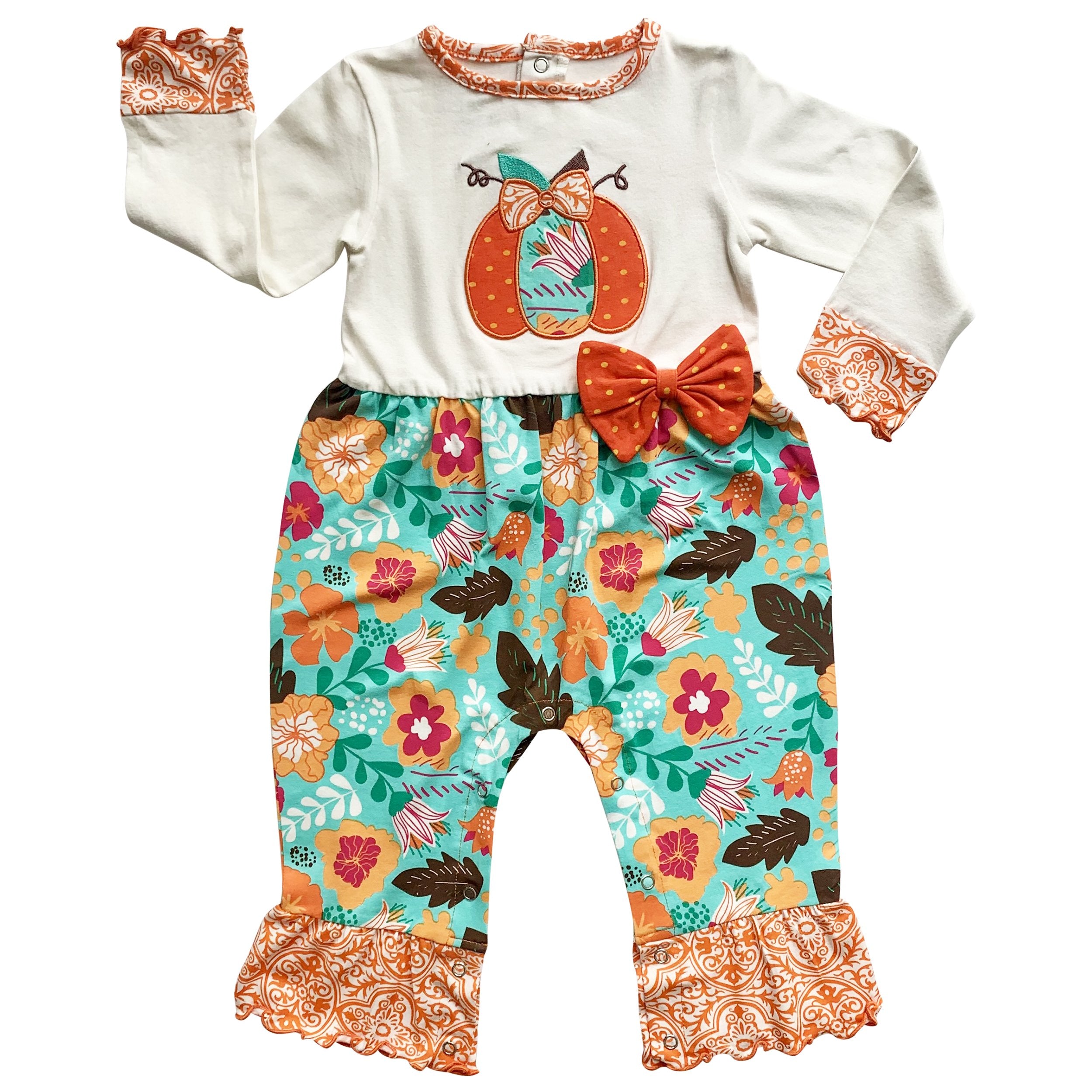 Black Simba AnnLoren baby toddler girls pumpkin romper in orange with autumn-themed design, perfect for Thanksgiving celebrations.