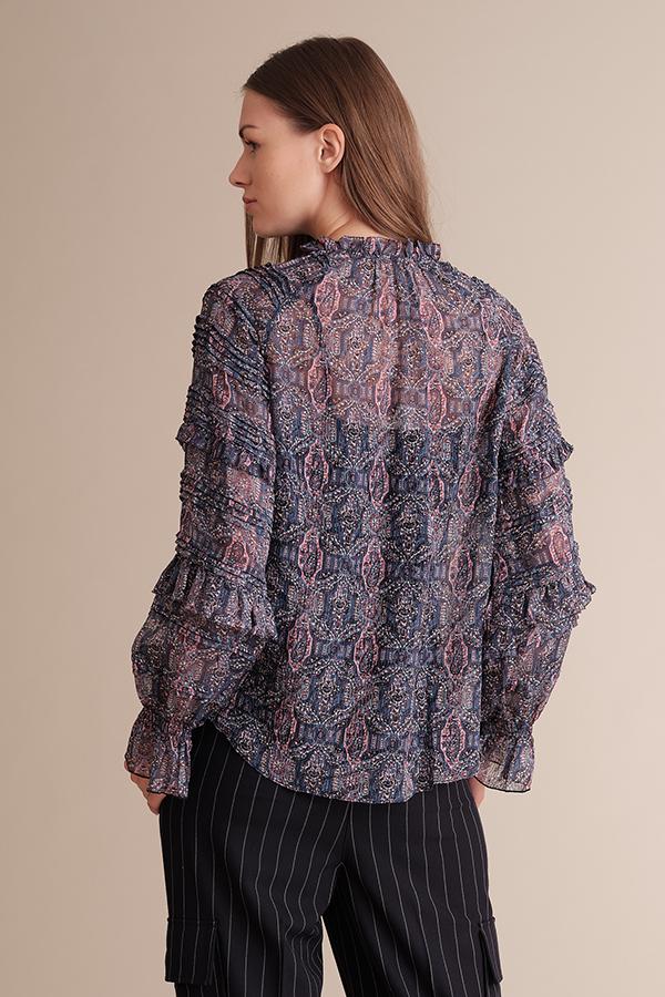 Viridian Smokey Kiara raglan sleeve pleated blouse in ultra violet navy with multi-colored details, styled for a sophisticated look.
