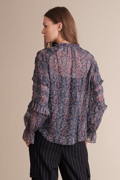 Viridian Smokey Kiara raglan sleeve pleated blouse in ultra violet navy with multi-colored details, styled for a sophisticated look.