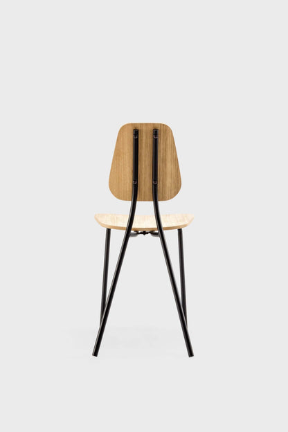Aquamarine Poppy Hoya Chair in oak finish, modern furniture piece with a sleek design and wooden frame, photographed from a side view.