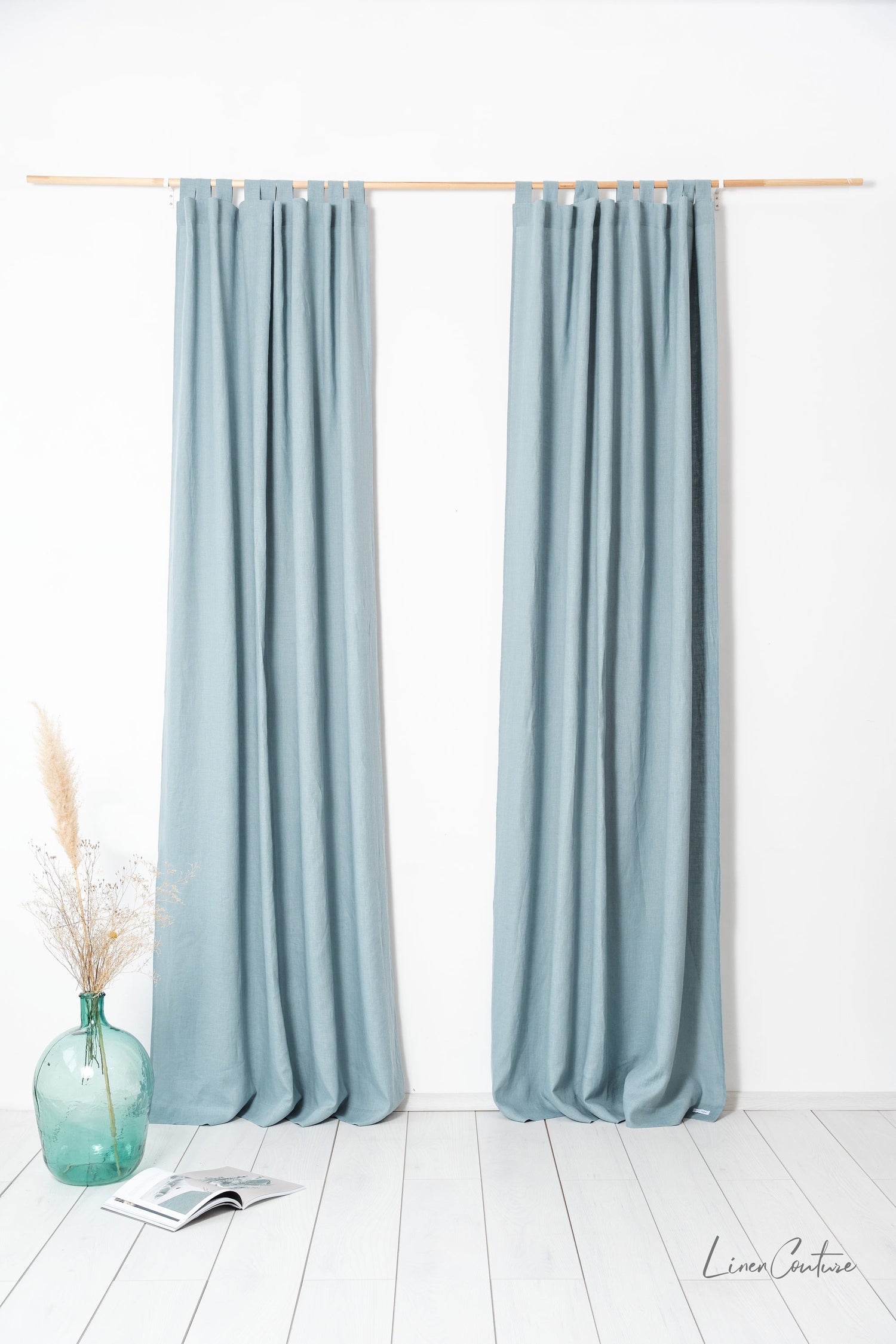 Greyish mint linen curtain with tab top design, stylish home decor by Magenta Sugarplum, perfect for adding a touch of elegance.