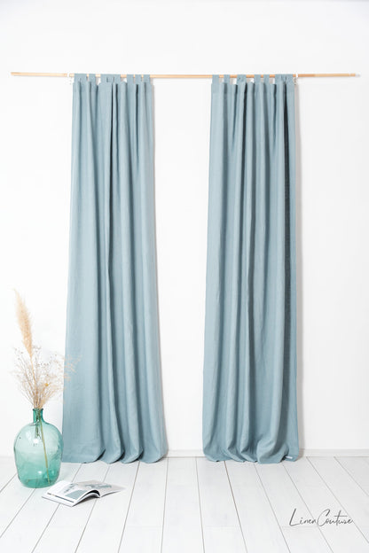 Greyish mint linen curtain with tab top design, stylish home decor by Magenta Sugarplum, perfect for adding a touch of elegance.