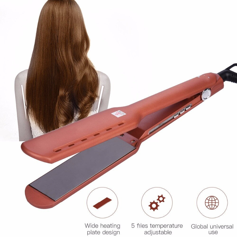 Maroon Asteria professional hair flat iron with adjustable temperature for straightening hair, shown in a close-up image.