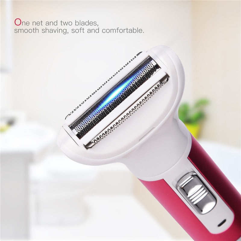 Maroon Asteria 5-in-1 electric lady shaver with multiple attachments for painless hair removal and shaving.