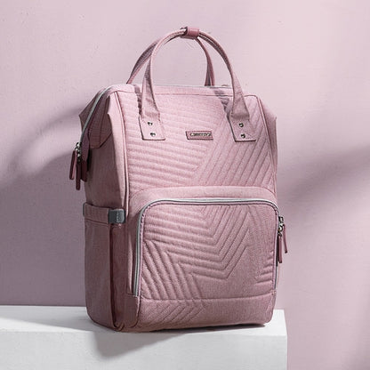 Maroon Chronos quilted diaper baby backpack with multiple compartments and adjustable straps, designed for parent convenience.