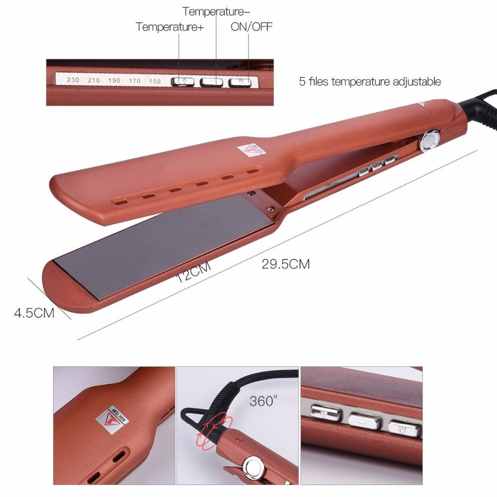 Maroon Asteria professional hair flat iron with adjustable temperature for straightening hair, shown in a close-up image