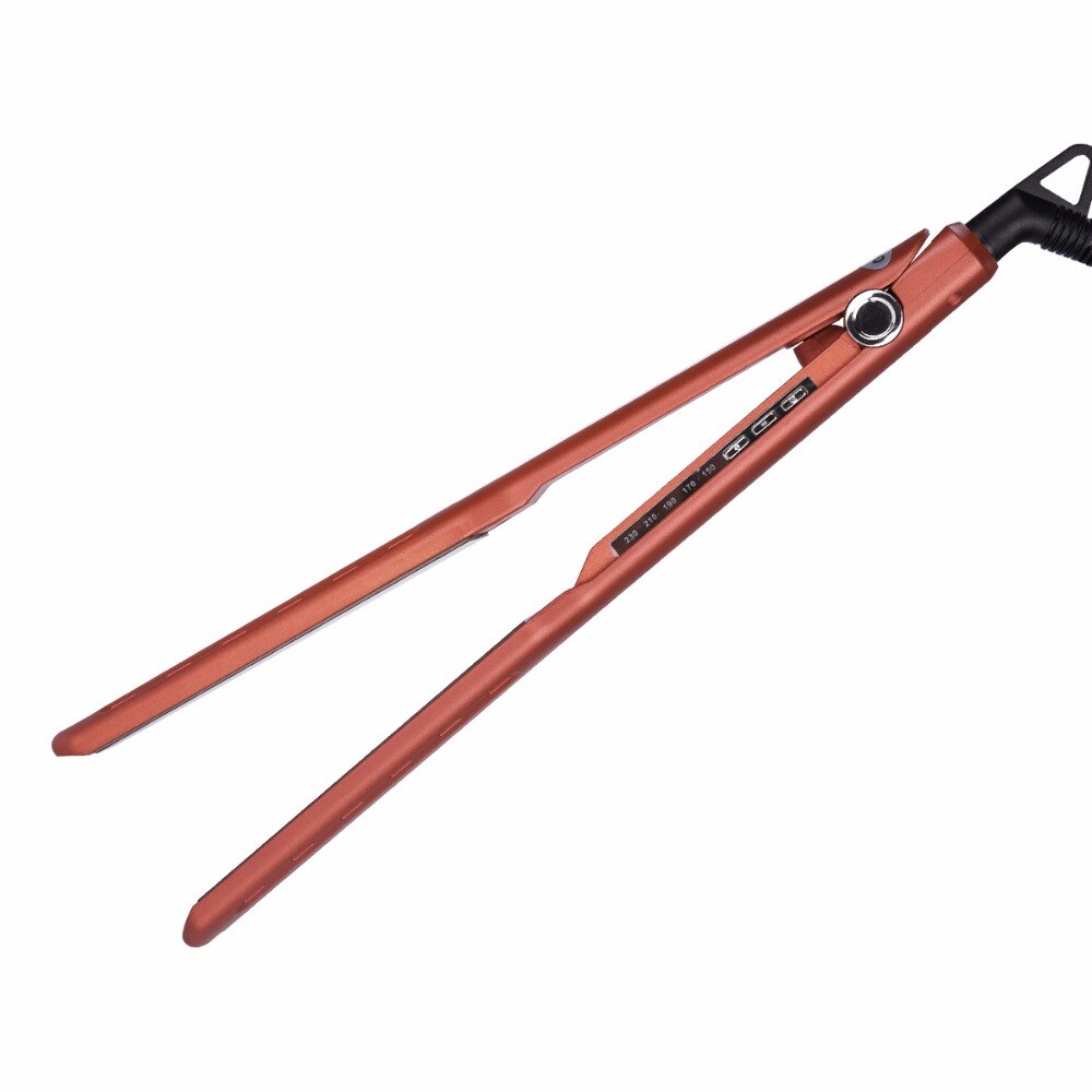 Maroon Asteria professional hair flat iron with adjustable temperature for straightening hair, shown in use on hair strands