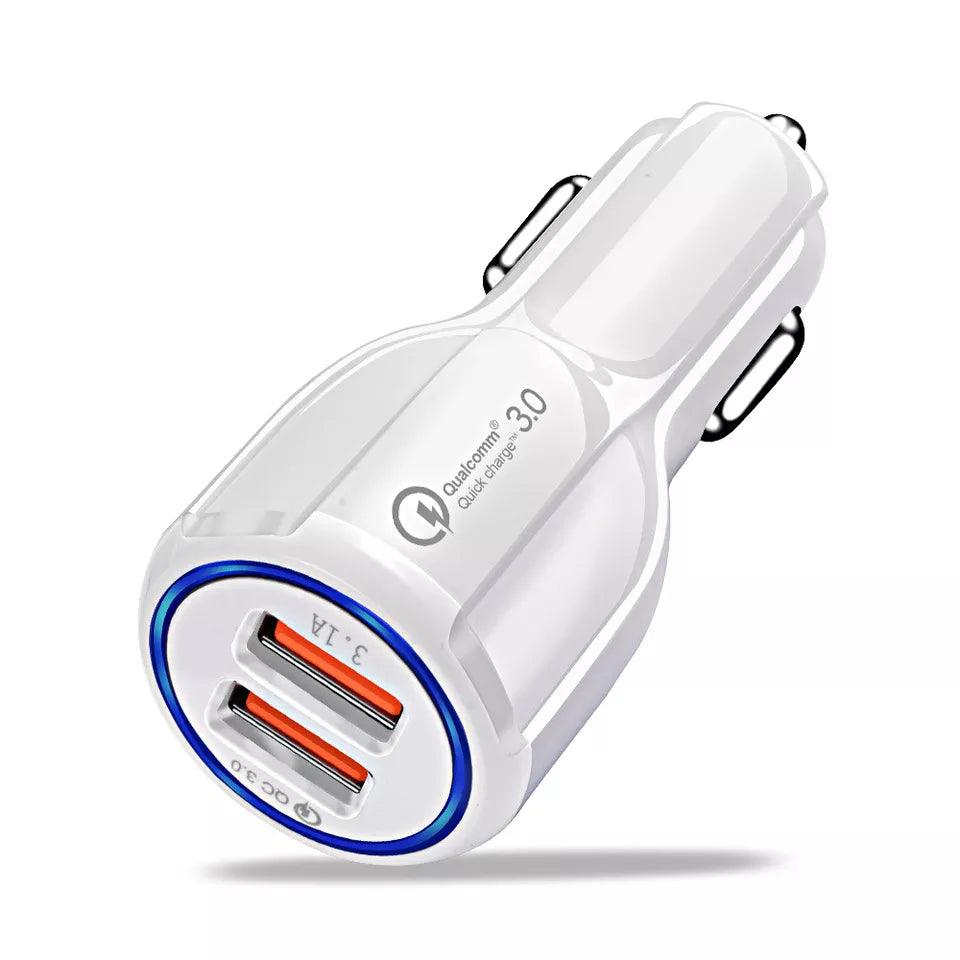 Fuchsia Electra 2-pack PBG 2-port USB fast car charger adapters for mobile and laptop devices, shown with two compact chargers.