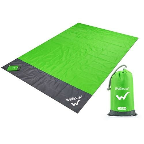Coffee Jasper waterproof camping beach blanket, outdoor portable picnic mat, 2m by 2.1m, spread on a grassy outdoor setting.