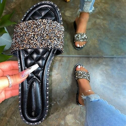 Crystal women’s slippers by Coffee Jasper featuring bling-bling flats and beach shoes perfect for summer wear.