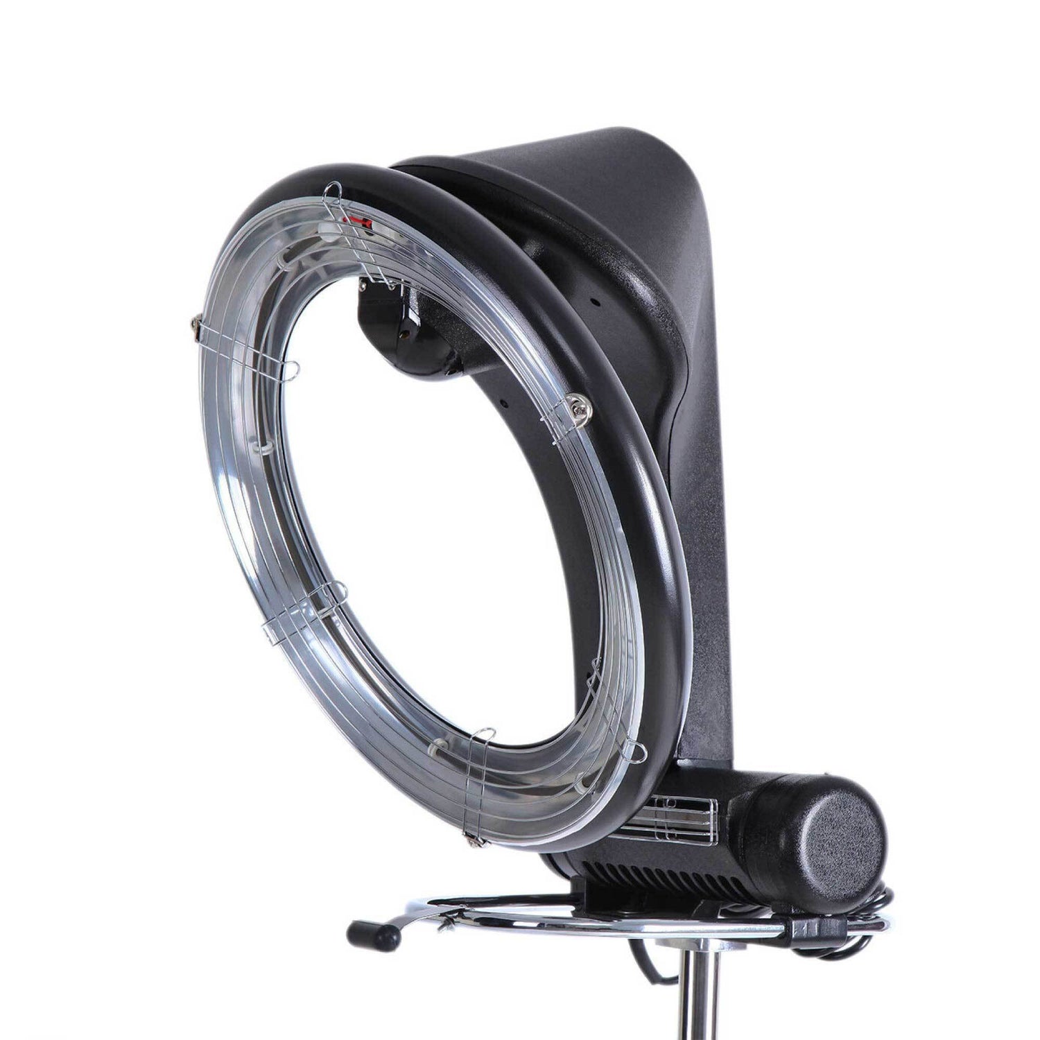 Ozdingo Ellie &amp; Ruby standing hair dryer with 360 rotating halo and accelerator feature, in a modern home and garden setting.