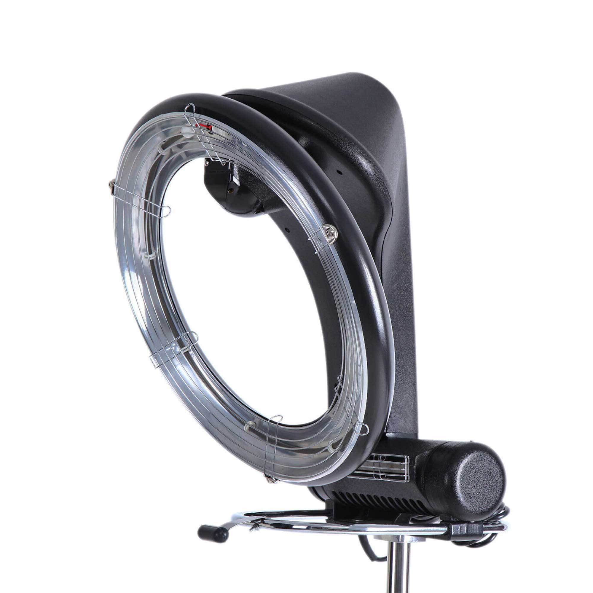 Ozdingo Ellie &amp; Ruby standing hair dryer with 360 rotating halo and accelerator feature, in a modern home and garden setting.