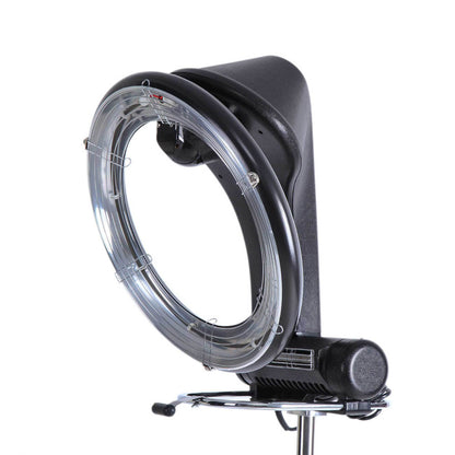 Ozdingo Ellie &amp; Ruby standing hair dryer with 360 rotating halo and accelerator feature, in a modern home and garden setting.