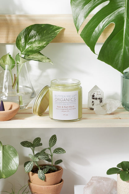 White Smokey Hair and Nail Mask for healthy nails and long hair growth, shown in a sleek jar with creamy texture.
