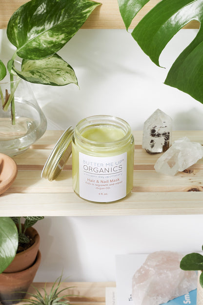 White Smokey Hair &amp; Nail Mask for promoting long hair growth and healthy nails, shown in a sleek container.
