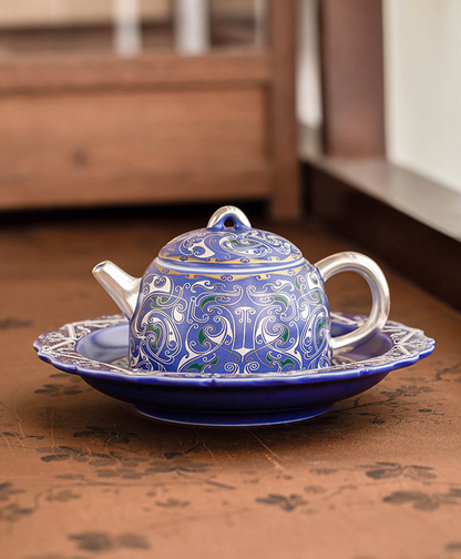 Hand-painted blue porcelain teapot with intricate silver filigree, part of Goseung&