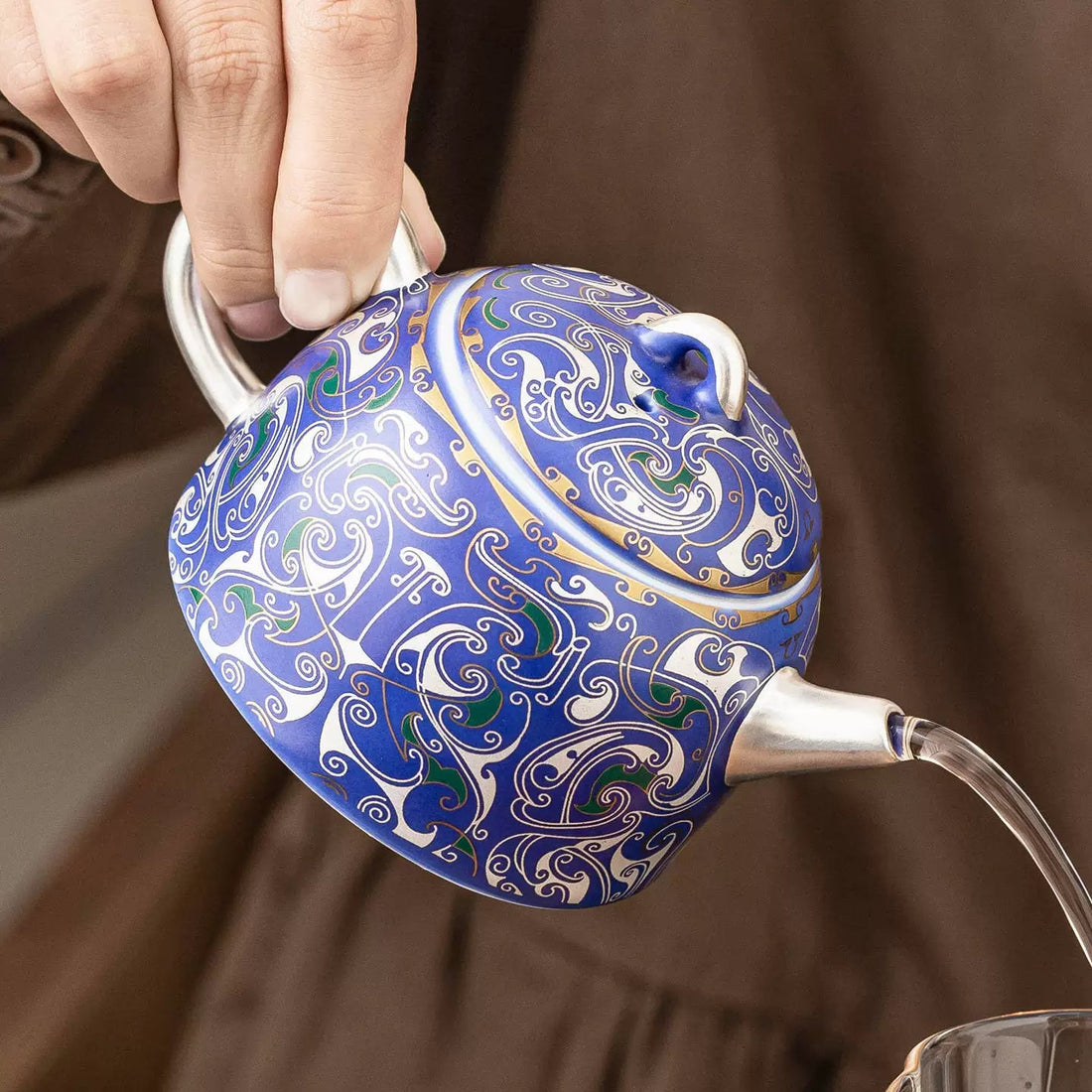 Handcrafted Imperial Blue porcelain teapot with 999 silver filigree detailing and matching saucer from Goseung.