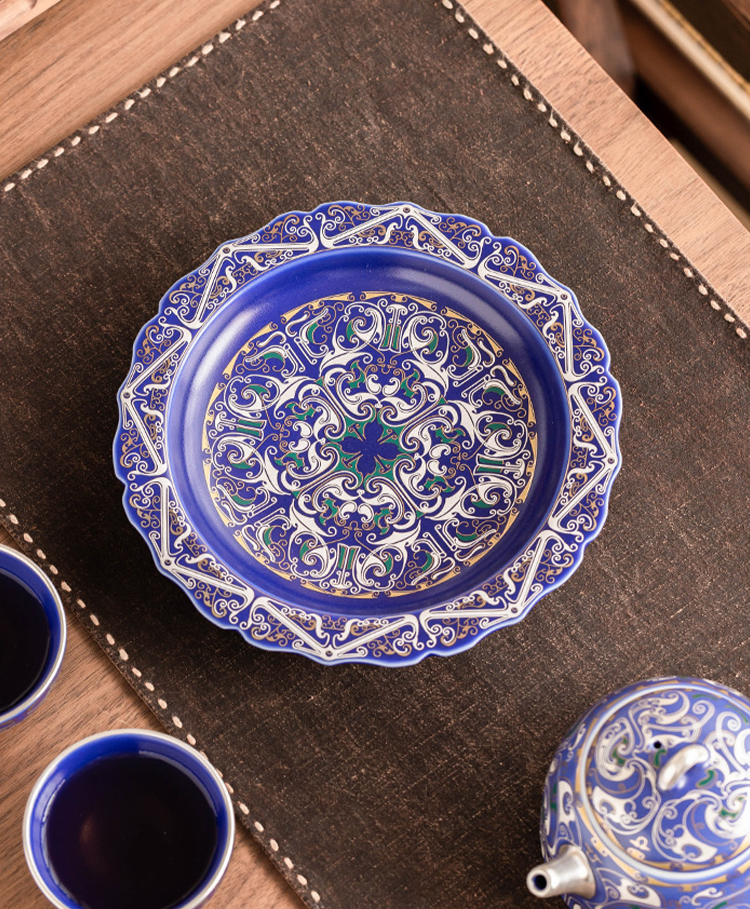 Handcrafted royal blue porcelain teapot and saucer set with intricate 999 silver filigree pattern, elegant home and garden decor by Goseung.