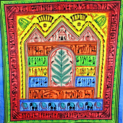 Colorful tribal village tapestry by Silver Hestia featuring intricate patterns and vibrant designs for home decor.