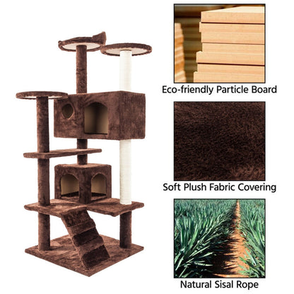 Yellow Pandora cat climbing sisal rope tower with multiple platforms and scratching surfaces for pets.