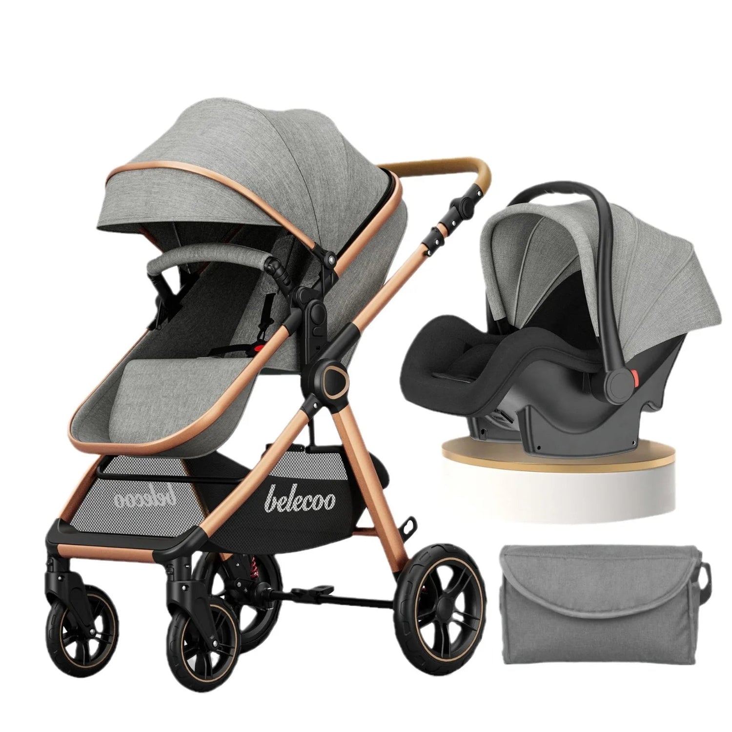 Pear Poppy luxury 3-in-1 baby stroller and car seat pram with backpack design, featuring a sleek, modern look for infants and toddlers.