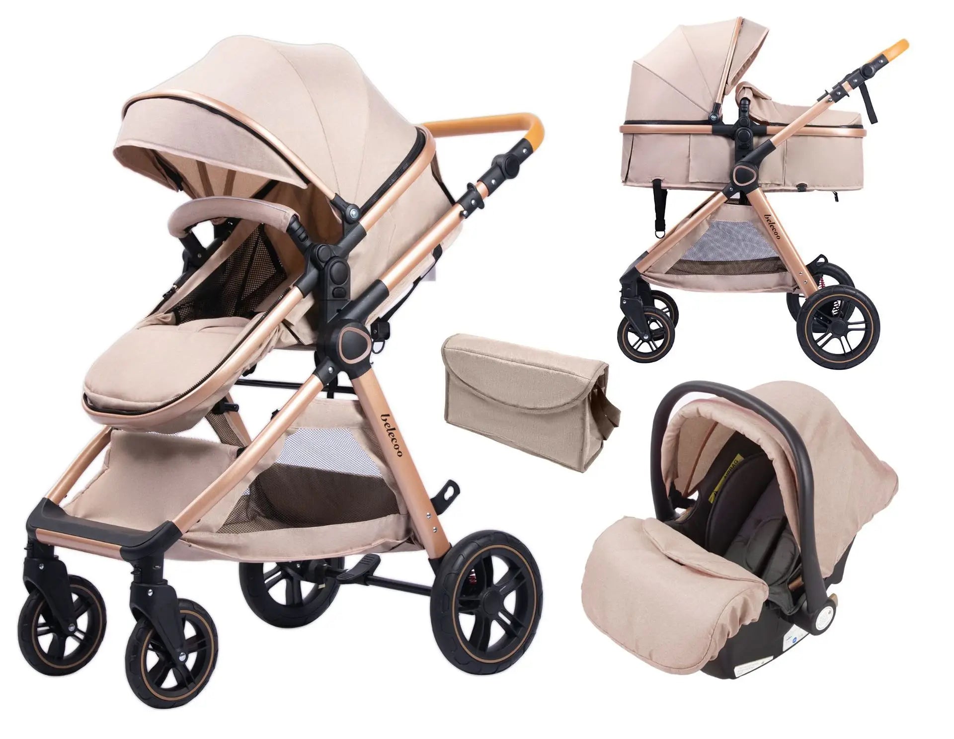 Pear Poppy luxury baby stroller and car seat 3-in-1 pram with backpack design, featuring a stylish, versatile travel system.