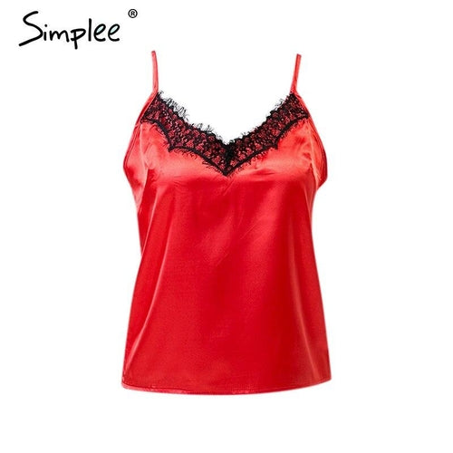 Elegant women’s lace satin V-neck cami by Fuchsia Simba, featuring solid color and a stylish, fitted design.