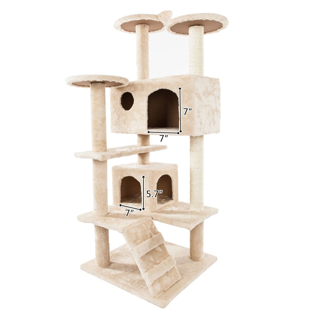 Yellow Pandora cat climbing sisal rope tower with multiple levels and scratching surfaces for indoor feline play and exercise.