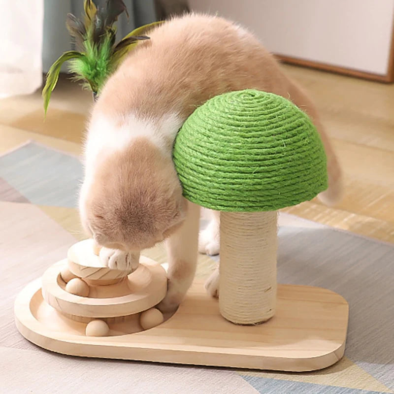 Yellow Pandora pet tree scratching post with hanging toy, designed for cats to scratch and play.