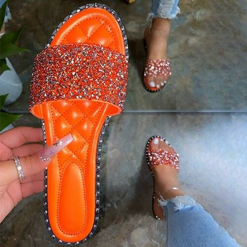 Crystal women’s slippers by Coffee Jasper featuring bling bling flats with beach shoe style for summer.