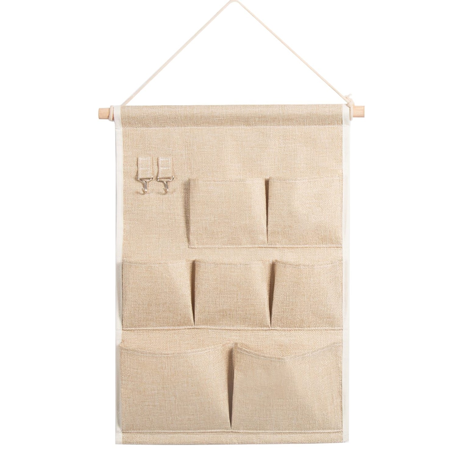 Maroon Asteria door wall bedside organizer bag with 7 pockets for toys, hanging on a wall with toys visible inside.