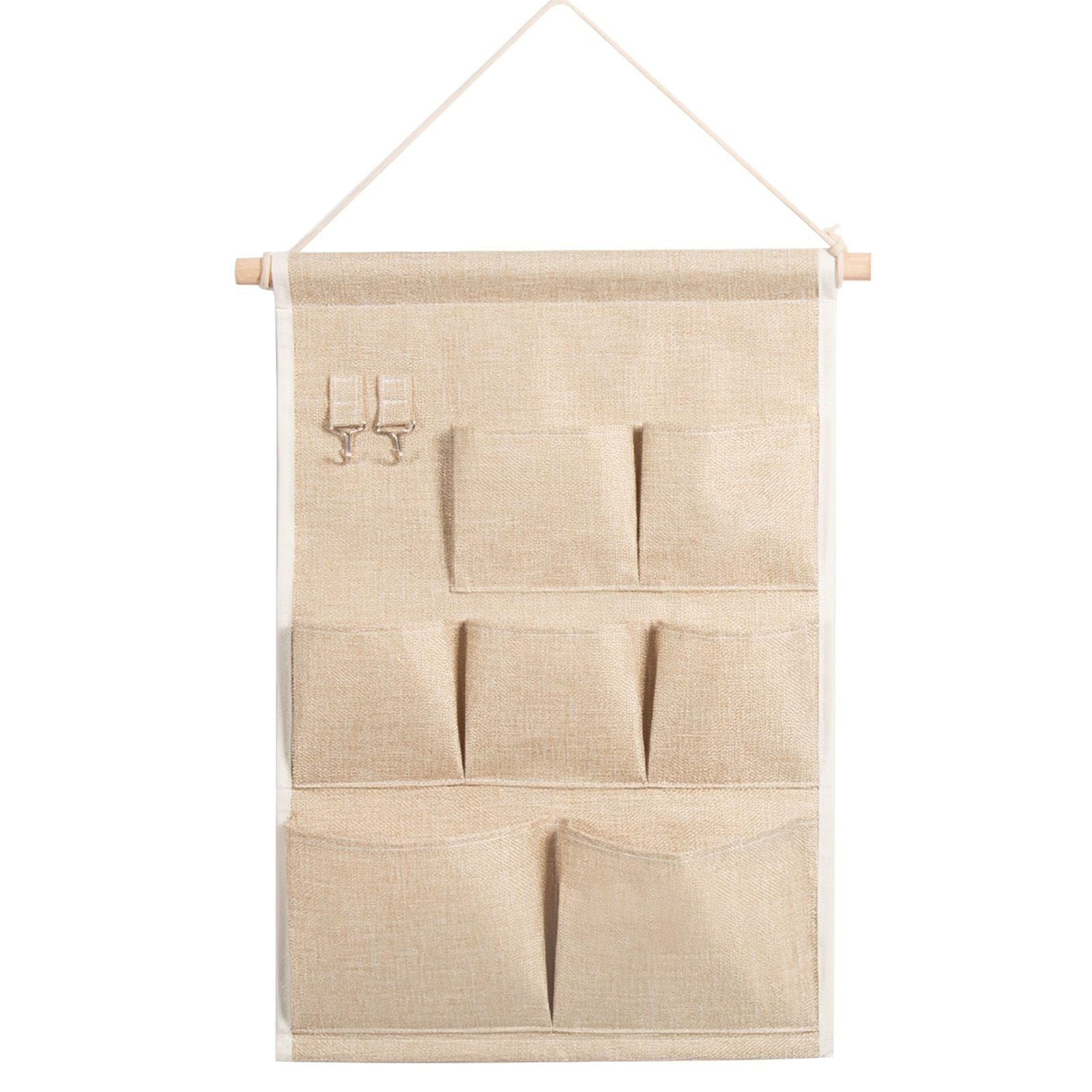 Maroon Asteria door wall bedside organizer bag with 7 pockets for toys, hanging on a wall with toys visible inside.