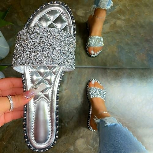 Crystal women’s slippers by Coffee Jasper featuring bling bling flats suitable for beach and summer footwear.