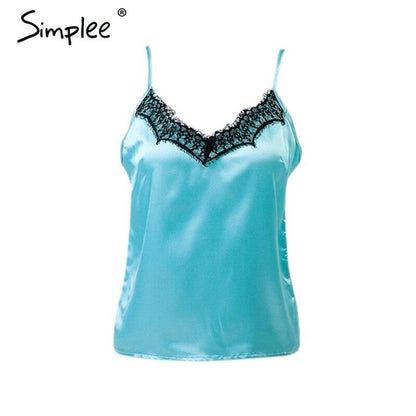 Women’s Fuchsia Simba lace satin V-neck cami top, elegant solid design with delicate lace details, perfect for stylish evening wear.