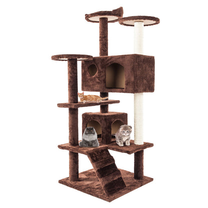 Yellow Pandora cat climbing sisal rope tower with multiple platforms and scratching posts for pets to enjoy and exercise.