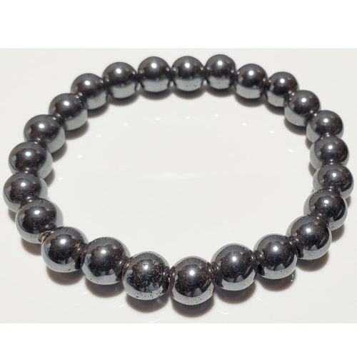 Silver Hestia 8mm hematite beaded elastic stretch bracelet with polished round hematite stones and flexible design.