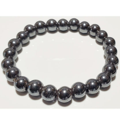 Silver Hestia 8mm hematite beaded elastic stretch bracelet with polished round hematite stones and flexible design.