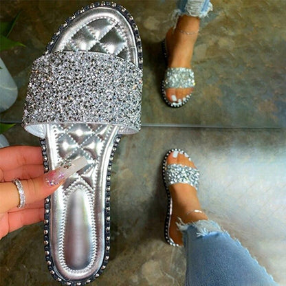 Crystal women’s bling bling flats by Coffee Jasper, stylish summer beach slippers with sparkly embellishments and open-toe design.