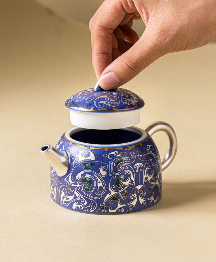 Goseung Imperial Blue porcelain teapot and saucer gift set with intricate 999 silver filigree craftsmanship, high-end Chinese design
