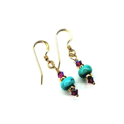 Hot pink and turquoise 14K gold-filled earrings by Blue Crius featuring vibrant, colorful jewelry design.