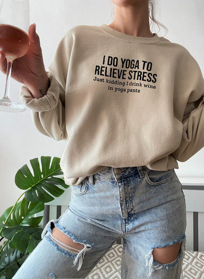 Black Jade Thalassa I Do Yoga to Relieve Stress T-shirt with printed text, casual fit, and comfortable fabric.