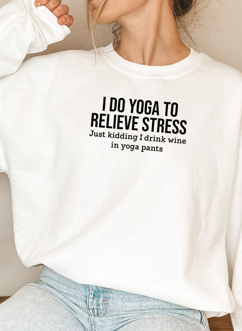 Black Jade Thalassa "I Do Yoga to Relieve Stress" T-shirt with yoga-themed text and comfortable fit, perfect for casual wear.