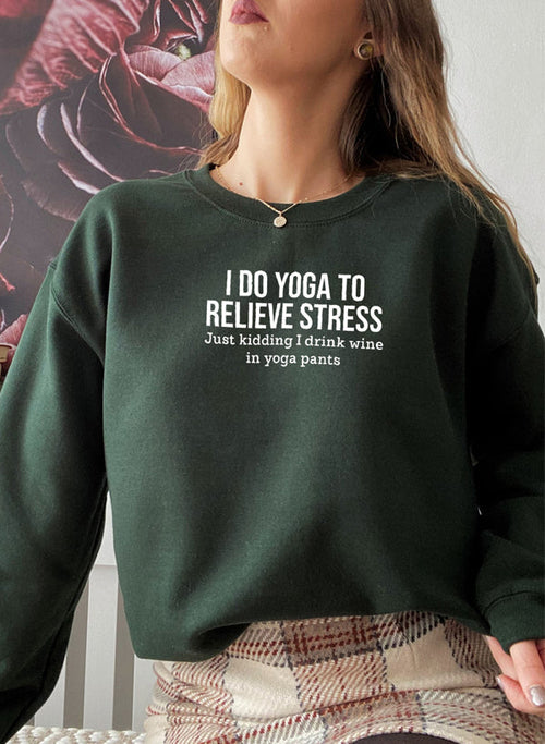 Jade Thalassa I Do Yoga to Relieve Stress graphic T-shirt featuring a casual fit and stress-relief yoga design.