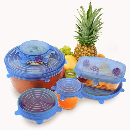 Set of six Yellow Lavender silicone food lids in various sizes, flexible and airtight for food storage.