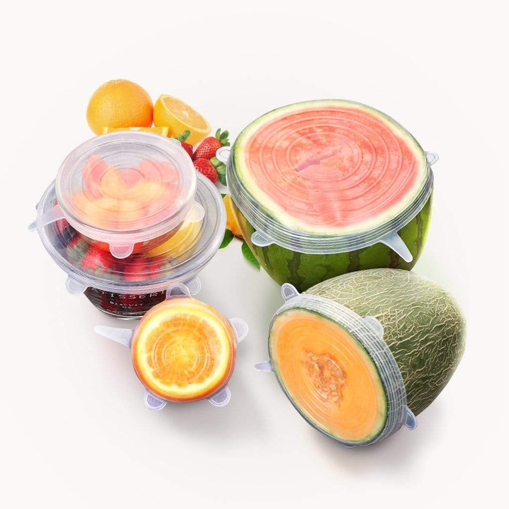 Six colorful yellow lavender silicone food lids in a set, flexible and reusable for sealing bowls and containers.