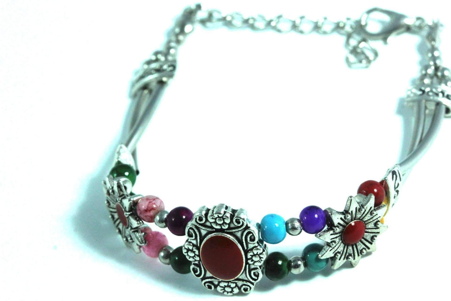 Silver Hestia Sweet Sunflower Boho bracelet with sunflower charms and beaded accents, laid out on a neutral background.