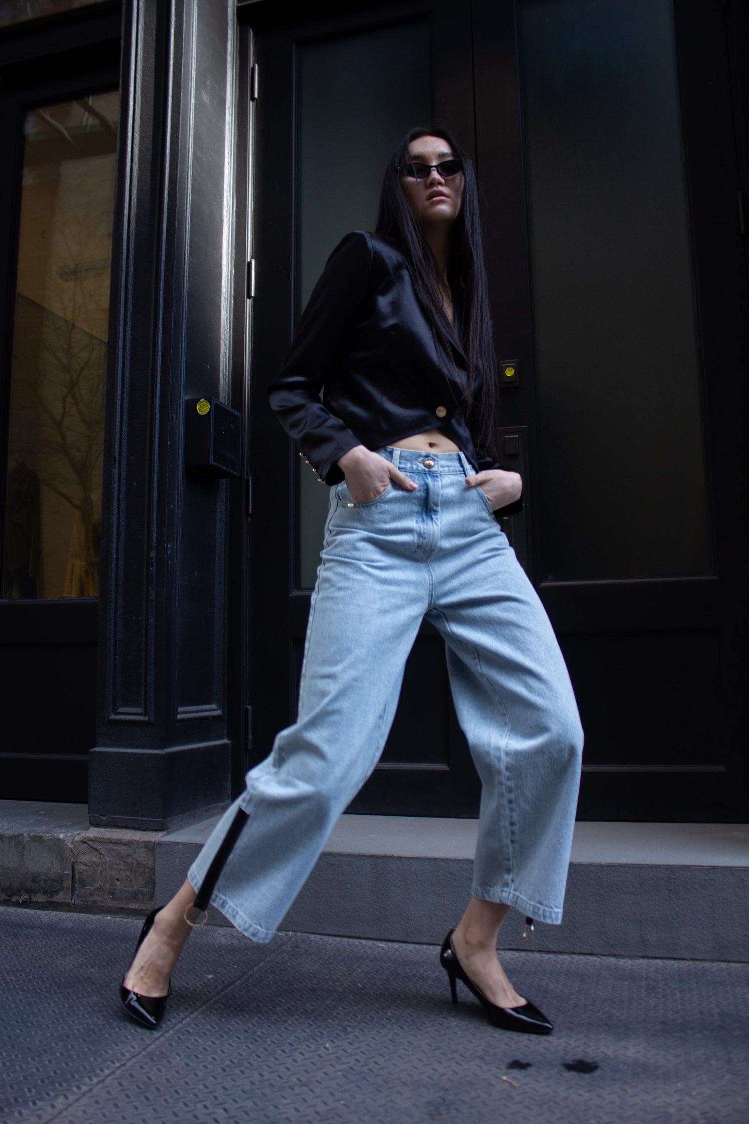Women’s Demi Straight Cut Jeans by Mauve Daisy, showing a pair of classic straight-leg denim jeans on a model.