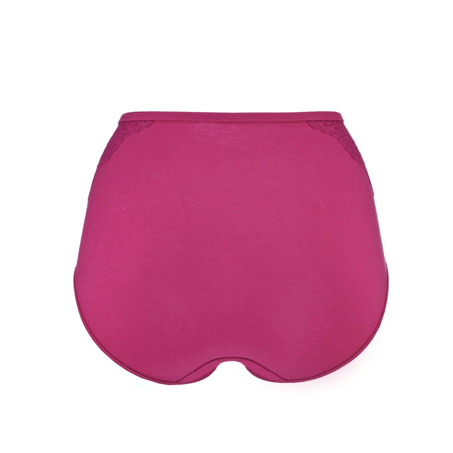Fuchsia high-waisted silk and organic cotton full brief lingerie from Copper Antilochus, displayed flat with smooth fabric.