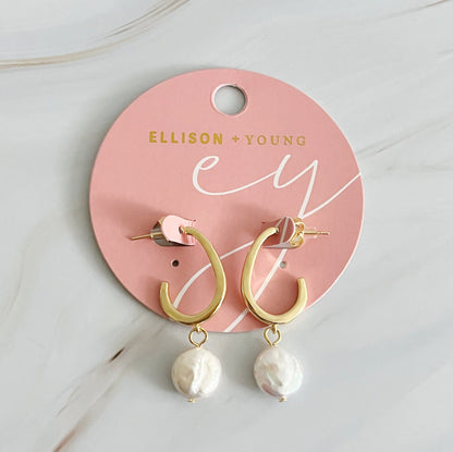 Fuchsia Hercules dangle pearl gold hoop earrings with elegant design, jewelry and watches accessory featuring shiny gold hoops and hanging pearls.
